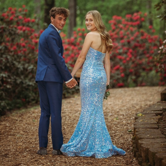 Portia & Scarlett Light Blue Prom Dress, Size 0 with added bustle in the back Portia & Scarlett Light Blue Prom Dress, Size 0 with added bustle in the back